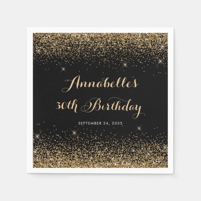 Modern Black Gold Glitter Sparkle Any Age Birthday Napkin (Front)