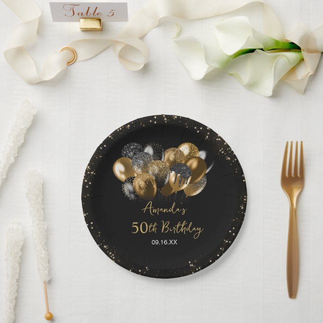 Modern Black Gold Glitter Sparkle Any Age Birthday Paper Plate (Wedding)