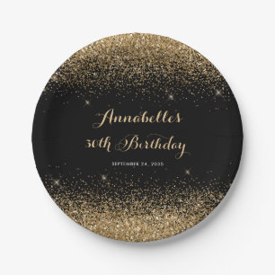 Modern Black Gold Glitter Sparkle Any Age Birthday Paper Plate
