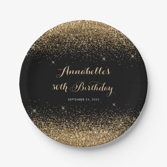 Modern Black Gold Glitter Sparkle Any Age Birthday Paper Plate (Front)