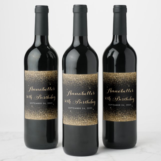 Modern Black Gold Glitter Sparkle Any Age Birthday Wine Label (Bottles)