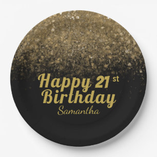 Modern Black & Gold Glitter Sparkle Birthday Paper Paper Plate