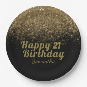Modern Black & Gold Glitter Sparkle Birthday Paper Plate