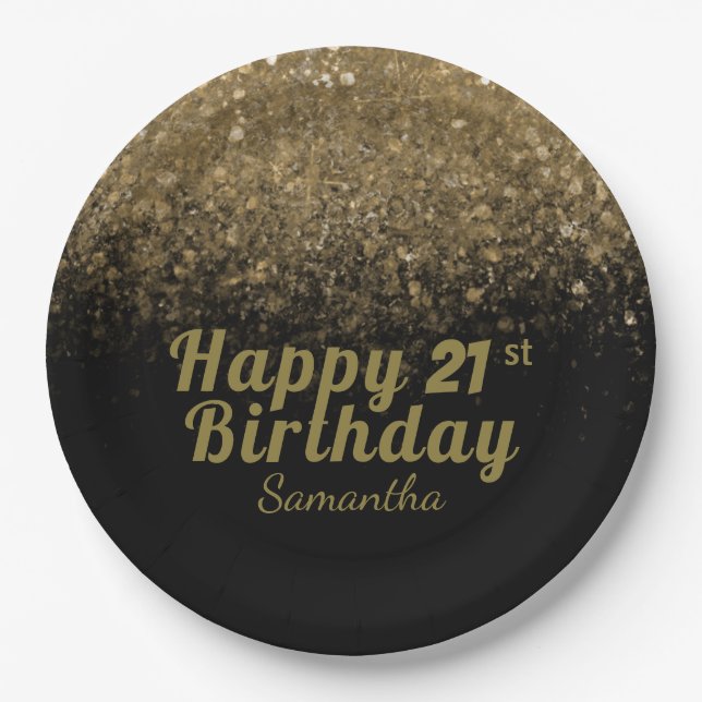 Modern Black & Gold Glitter Sparkle Birthday Paper Plate (Front)