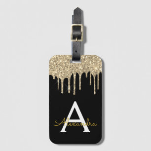 Modern Black Gold Glitter Sparkle Monogram Luggage Tag