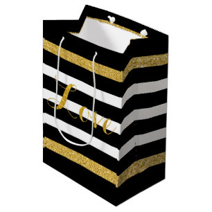 Modern Black & Gold Glitter Stripes Medium Gift Bag