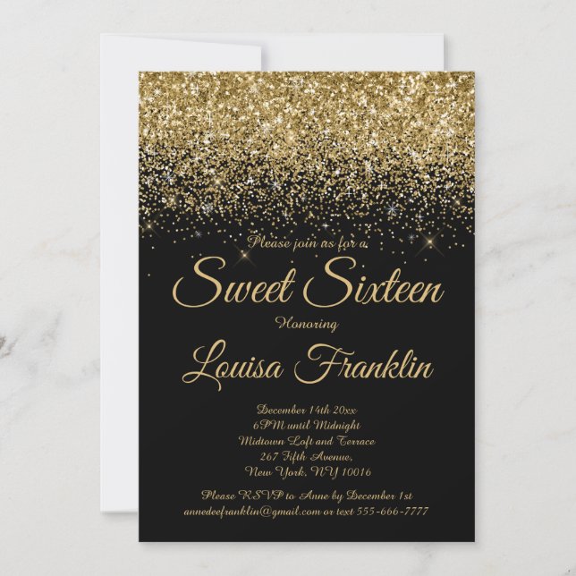 Modern Black & Gold Glitter Sweet 16 Invitation (Front)