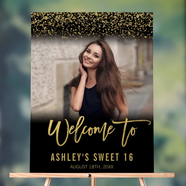 Modern Black Gold Glitter Sweet 16 Photo Welcome Acrylic Sign (Neutral)