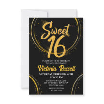 Modern Black & Gold Glitter Typography Sweet 16