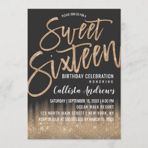 Modern Black Gold Glitter Typography Sweet 16 Invitation