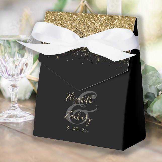 Modern Black Gold Glitter Wedding Favour Box (Creator Uploaded)