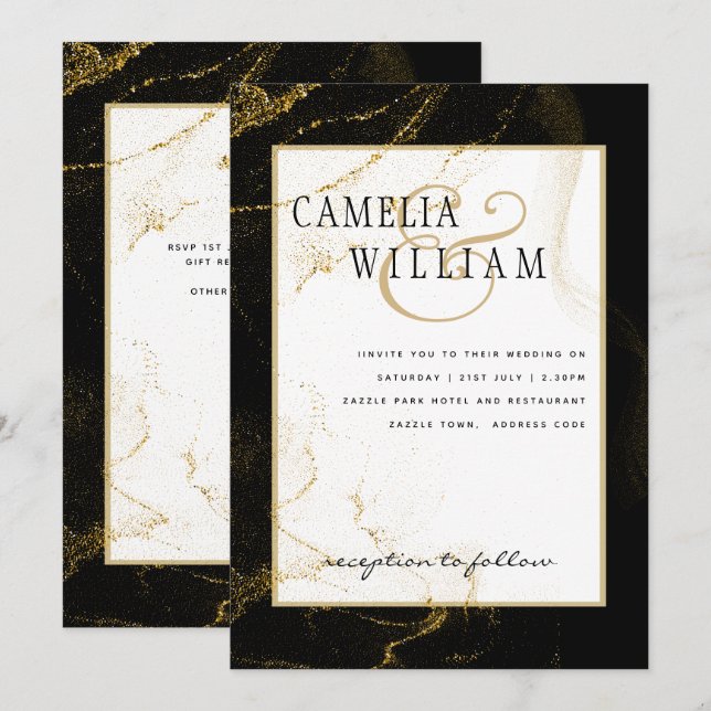 Modern Black Gold Glitter Wedding Invitation (Front/Back)