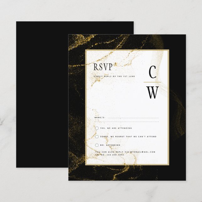 Modern Black Gold Glitter Wedding RSVP (Front/Back)