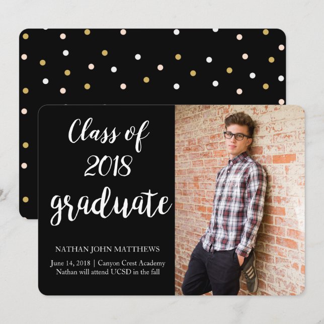 Modern Black Gold Graduation Announcement Card (Front/Back)