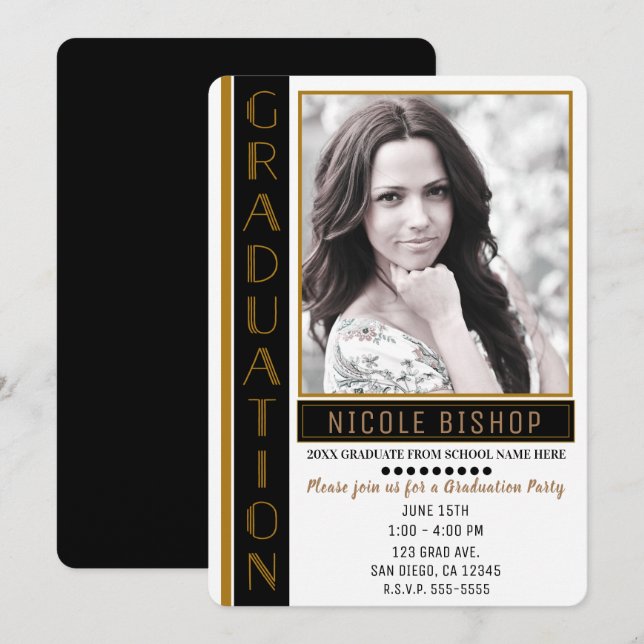 Modern Black Gold Graduation Party Graduate Photo Invitation (Front/Back)