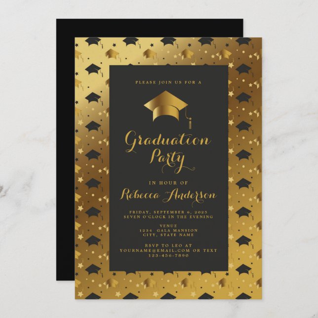 Modern Black Gold Graduation Party Invitation (Front/Back)