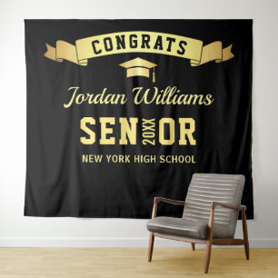 Modern Black Gold Graduation Party Photo Backdrop Tapestry