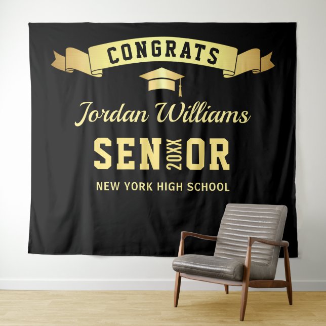 Modern Black Gold Graduation Party Photo Backdrop Tapestry (In Situ (Horizontal))