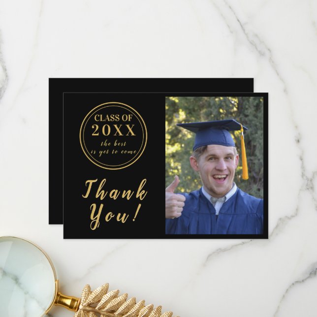 Modern Black & Gold Graduation Photo Thank You (Front/Back In Situ)