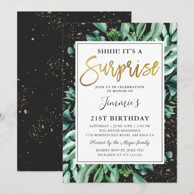 Modern Black Gold Greenery Surprise Birthday Invitation (Front/Back)