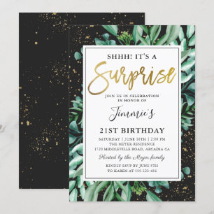 Modern Black Gold Greenery Surprise Birthday Invitation