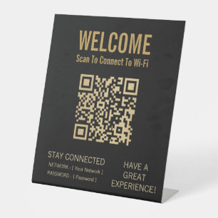 Modern Black Gold Guest Wi-Fi Scan to Connect QR Pedestal Sign