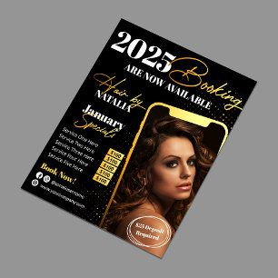 Modern Black Gold Hair Salon 2025 Booking Flyer