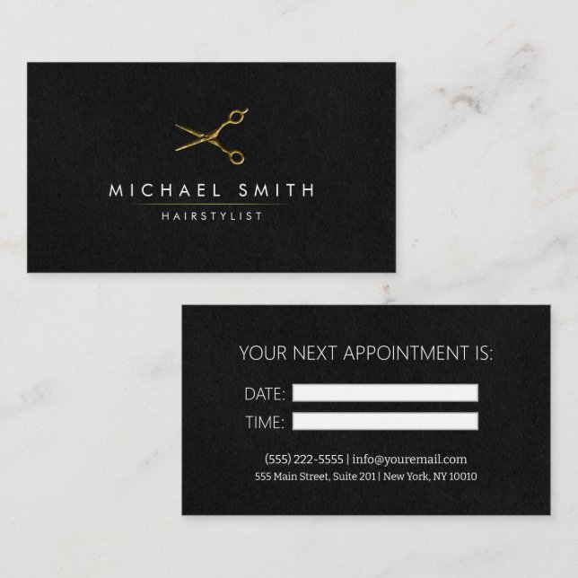 Modern black Gold Hairstylist Appointment Card (Front/Back)