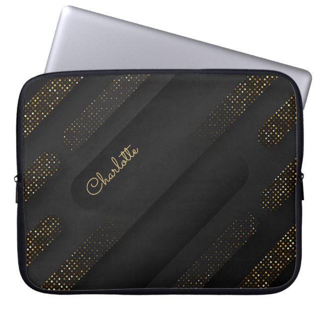 Modern Black-Gold Halftone Pattern and Custom Name Laptop Sleeve (Front)