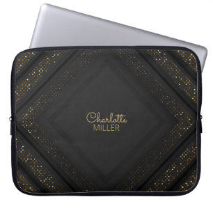 Modern Black-Gold Halftone Pattern and Custom Name Laptop Sleeve
