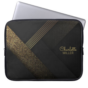 Modern Black-Gold Halftone Pattern and Custom Name Laptop Sleeve
