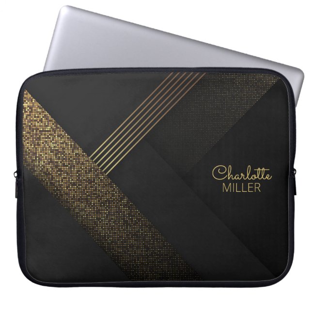 Modern Black-Gold Halftone Pattern and Custom Name Laptop Sleeve (Front)