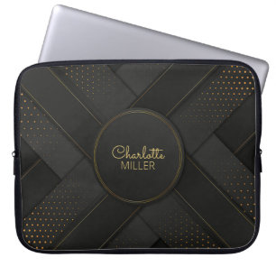 Modern Black-Gold Halftone Pattern and Custom Name Laptop Sleeve
