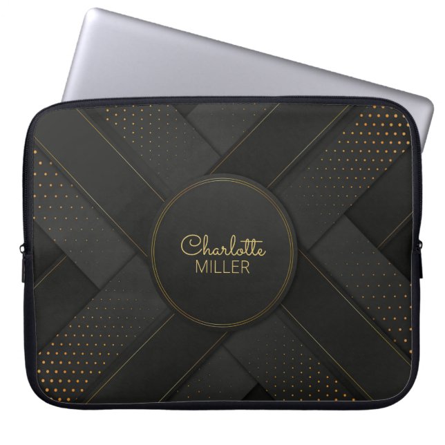 Modern Black-Gold Halftone Pattern and Custom Name Laptop Sleeve (Front)
