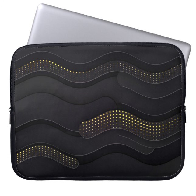 Modern Black-Gold Halftone Pattern Laptop Sleeve (Front)