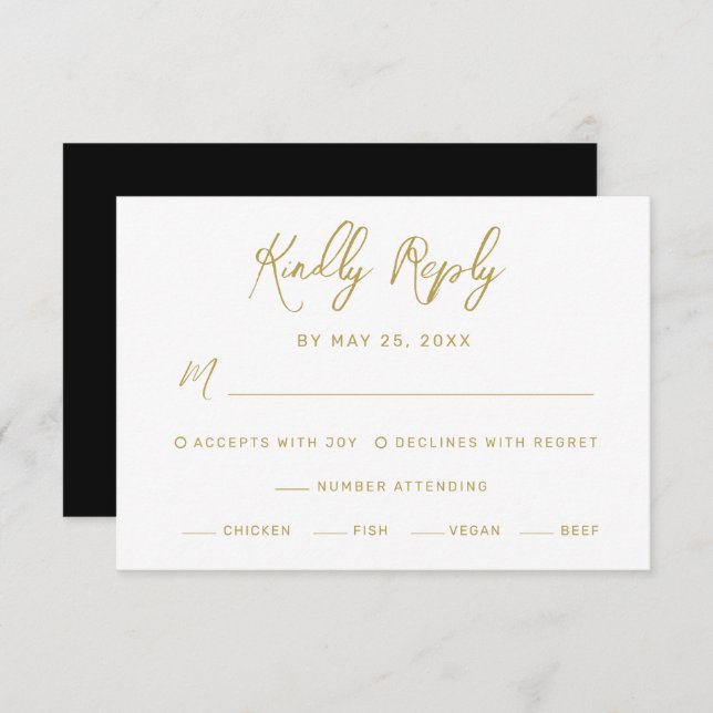 Modern Black Gold Hand Lettered Meals Wedding RSVP Card (Front/Back)