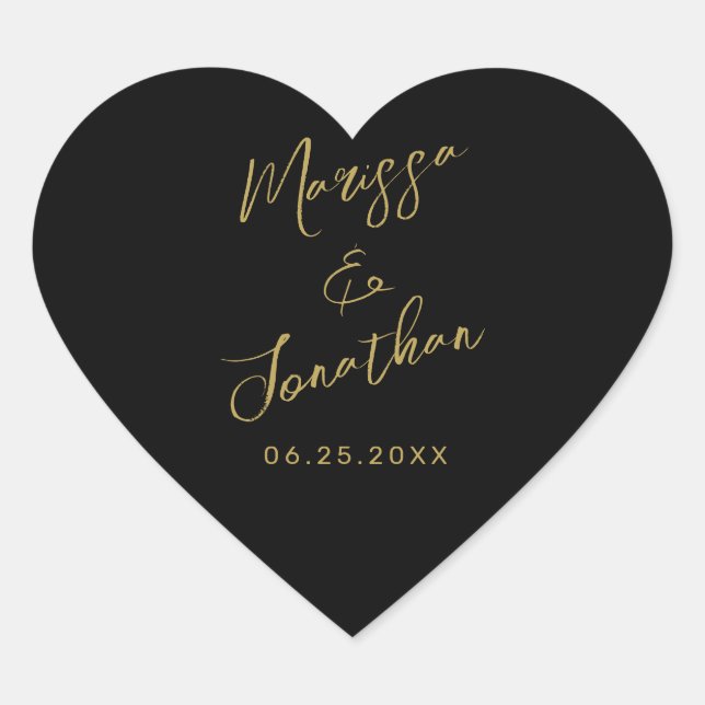 Modern Black Gold Hand Lettered Script Wedding Heart Sticker (Front)