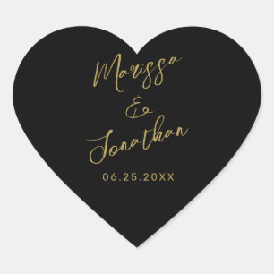 Modern Black Gold Hand Lettered Script Wedding Heart Sticker