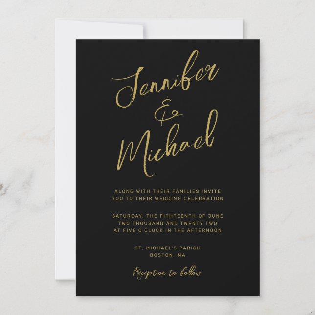Modern Black Gold Hand Lettered Script Wedding Invitation (Front)