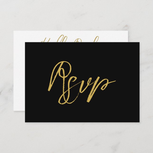 Modern Black Gold Hand Lettered Script Wedding RSVP Card (Front/Back)