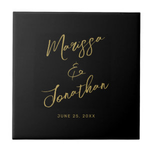 Modern Black Gold Hand Lettered Script Wedding Tile