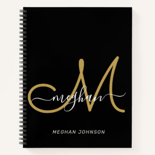 Modern Black Gold Handwritten Script Monogram Notebook