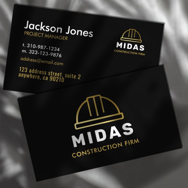 Modern Black + Gold Hard Hat Construction Firm Business Card (Creator Uploaded)