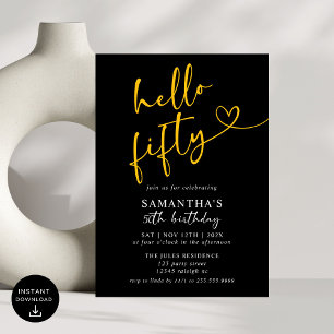 Modern  Black Gold Hello 50th Birthday Party Invitation