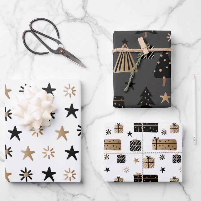 modern black gold holiday wrapping paper sheet (Front)