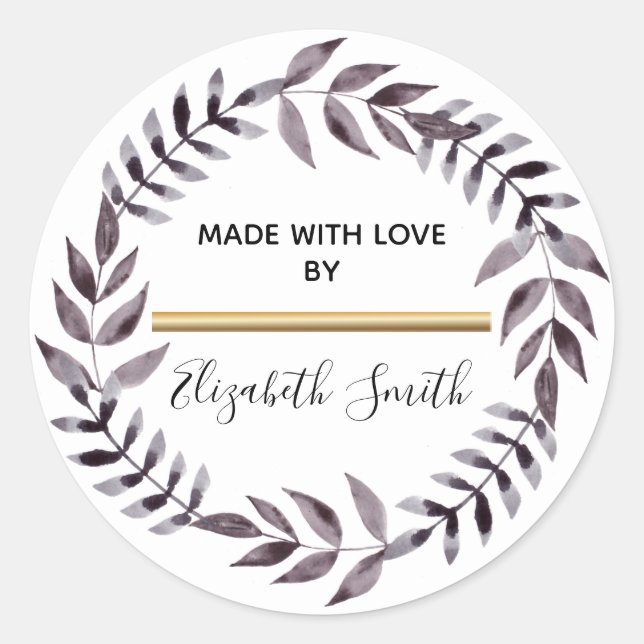 Modern Black & Gold Holiday Wreath Made By Classic Round Sticker (Front)