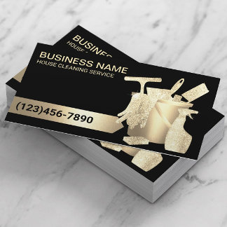 Modern Black Gold House Cleaning Housekeeping Business Card