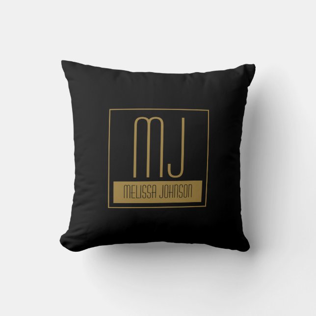Modern Black & Gold Initial Monogram  Cushion (Front)