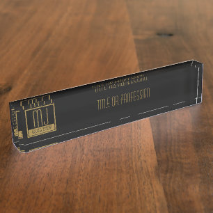 Modern Black & Gold Initial Monogram Nameplate