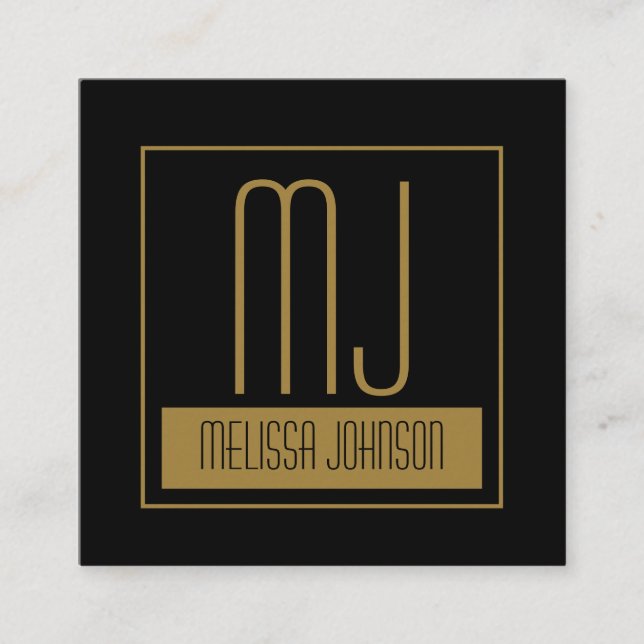 Modern Black & Gold Initial Monogram Social Media  Square Business Card (Front)
